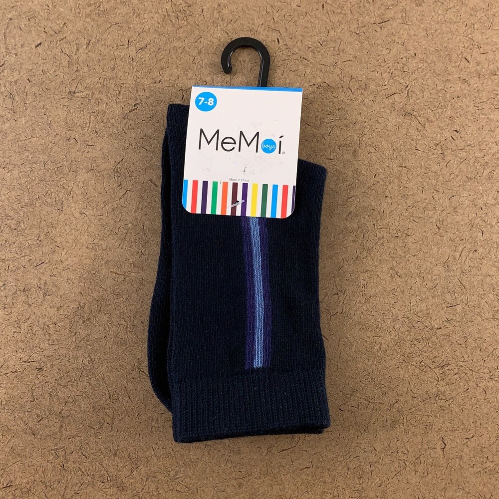 MeMoi Boys Shoe Size 9-1 Navy Side Stripe Cotton Blend Crew Socks 1 Pair NWT